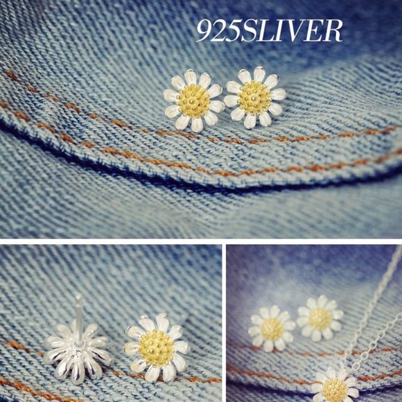 925 Sterling Silver Two Tone Daisy Stud Earrings - Picture 4 of 5